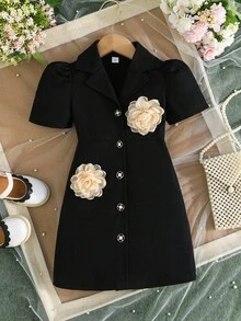 Young Girls Elegant & Chic Embroidered Collar Suit Style Dress, Formal Occasion Outfit - Black - View 1