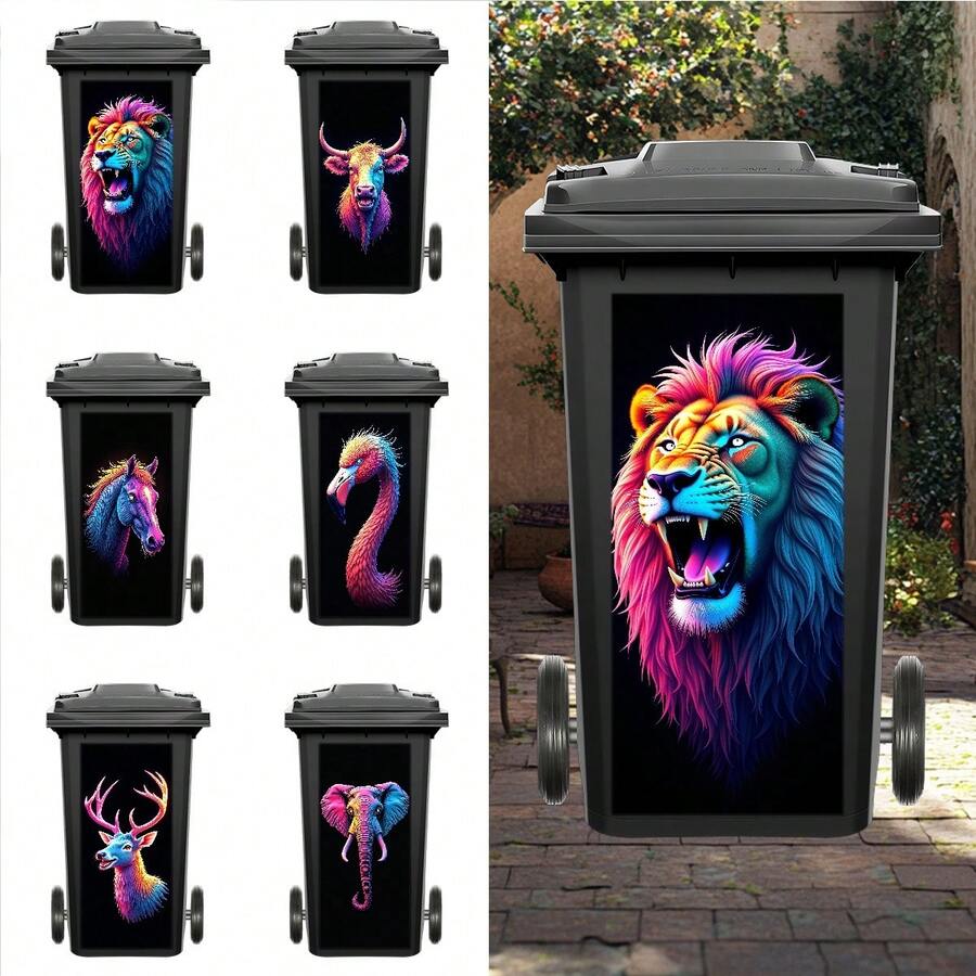 1pc Neon Animal Trash Can Stickers, Waterproof Vinyl Decals, Bull, Flamingo, Lion For Outdoor Bins, Garage & Street Decor | Punk Cyber Style - Multicolor - View 1