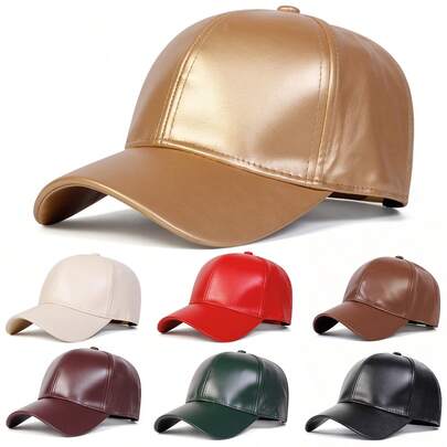 1pc Men's Solid Color PU Leather Baseball Cap, Adjustable Casual Hat Suitable For Outdoor, Travel, Beach Party In Autumn/Winter