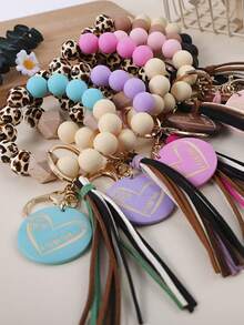 6-Piece Set Of Western Style Leopard Print Wooden Beads, Solid Color Silicone Bead Beads, Korean Velvet Tassel, Colorful Heart Wood Chips, Charm Wrist Keychains, Bag Pendants, Accessories, Keys, Car Keys, Anti Lost Women's Bracelets, Give As Birthday Gifts To Friends, Relatives, And Friends - Nhiều màu - Xem 2
