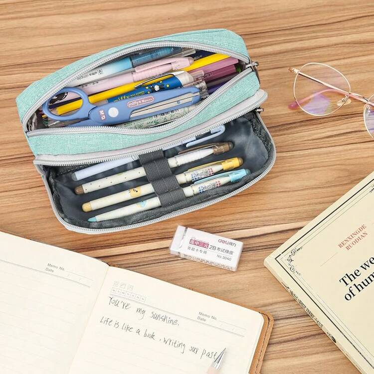 Estuche para Lápices de Gran Capacidad, Bolsa de Lápices Estética para Organizador de Papelería de Oficina, Bolsa de Lápices Simple y Resistente Multifuncional para Hombres - Negro - Verde - Añade 6