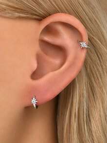 1pc 925 Sterling Silver Small Star Ear Cuff Earring, Golden Octagonal Star Celestial Ear Cuff Earring, Suitable For Women's Daily Wear (Sold Individually, Not A Pair) - Single Diamond Eight-pointed Star Earrings - View 9