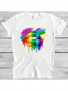 Women's Rainbow Pride Lips Graphic T-Shirt - 100% Cotton Regular Fit Crew Neck Tee With Vibrant Dripping Paint Art, LGBTQ+ Pride Apparel For Casual Wear & Pride Events, Festival Clothing, Artistic Design, Breathable Material, Short Sleeve Shirt, Festival Goers, Retro Style, Soft Material, Fashion EnthusiastsRetro And Fashionable Letter Graphic Printed T-Shirt Family Shirts Family Vacation Travel - White - View 1