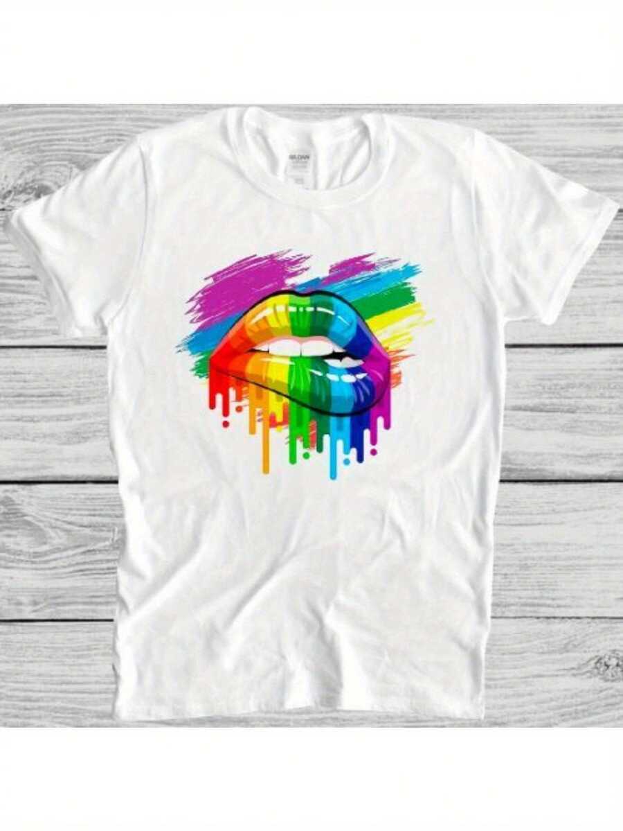 Women's Rainbow Pride Lips Graphic T-Shirt - 100% Cotton Regular Fit Crew Neck Tee With Vibrant Dripping Paint Art, LGBTQ+ Pride Apparel For Casual Wear & Pride Events, Festival Clothing, Artistic Design, Breathable Material, Short Sleeve Shirt, Festival Goers, Retro Style, Soft Material, Fashion EnthusiastsRetro And Fashionable Letter Graphic Printed T-Shirt Family Shirts Family Vacation Travel - White - View 1