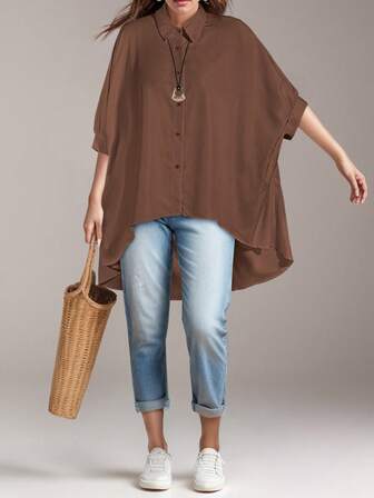 女式前扣短袖休闲衬衫，时尚高低下摆纯色简约设计，适合日常穿着