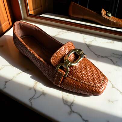 Sapatilha Mocassim Feminina Tressê | Caramelo com Enfeite Retangular - clássica, charmosa, casual, corrente delicada