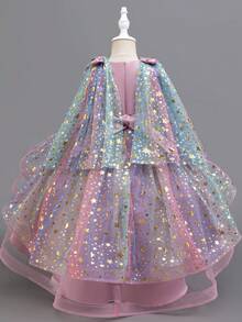 Vestido de princesa sin mangas para niñas con decoración de estrellas brillantes, falda asimétrica de tul esponjoso, para fiestas, graduaciones y días festivos - Rosa vieja - Ver 5