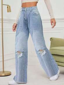2025 Loose Fit Distressed Straight Leg Jeans - Light Wash - View 3