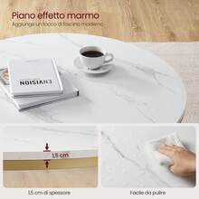 Tavolino da Salotto Rotondo, Tavolino da Caffè, 80 x 46 cm /65 x 46 cm,Tavolo con Piano Effetto Marmo, Ripiano in Vetro Temperato, Montaggio Facile, Moderno, Soggiorno,  Bianco Marmo e Oro Metallico - Dorato - Visualizzare 4