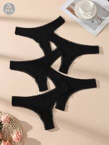5pcs/Pack Black Sexy Lace Patchwork Thong Panties, Cute Bow Decor, Soft Cotton Breathable Women's Underwear