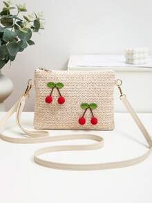 New Straw Cherry Design Versatile Crossbody Bag, Small Square Shoulder Bag, Sweet & , Wholesale, Spring/Summer - Beige - View 1