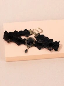 Gothic Style Black Lace Choker With Rhinestone Inlaid For Women, Vintage Charm Fashion Accessory For Halloween