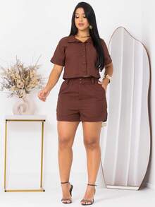 Conjunto feminino linho de short e blusa manga curta - Marrom - Visão 6