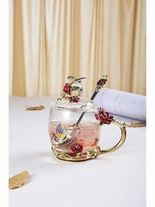Taza de té de flor de vidrio transparente (con cuchara y tapa), tazas de té elegantes, taza de té de flor, taza de té como regalo, regalos para mujeres, regalo para el Día de la Madre, en caja de regalo. (Taza alta azul rosa) - Rojo - Ver 4