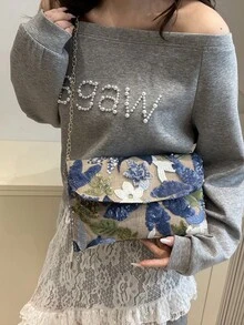 亮片刺繡花卉信封手拿包，女款時尚亮片拼接手提包，派對晚宴包，隨機剪裁，適合女性，完美搭配派對、婚禮、舞會，適配節日派對洋裝、晚禮服與亮片洋裝 - 藍色 - 查看 4