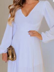 Scarlet NM Nana Marie Long Sleeve V Neck Slit Flowy Evening Dress Formal Bridesmaid Dress - 白色 - 查看 4