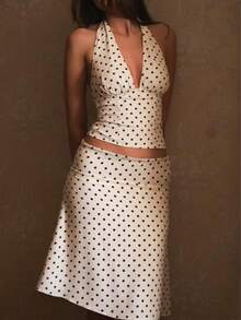 女式波尔卡圆点撞色优雅派对休闲节日 Y2K 露背吊带荷叶边两件套，迷人时尚，适合春夏季、秋季分层穿着、万圣节派对、圣诞节装扮 - 黑與白 - 查看 2