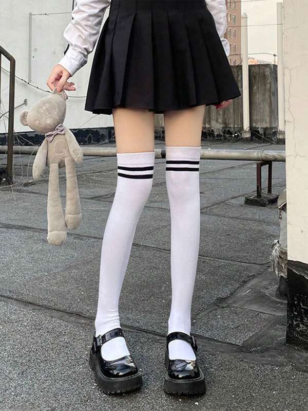 1 Pair Solid Striped Over-The-Knee Socks, Thick And Sexy For Daily Wear