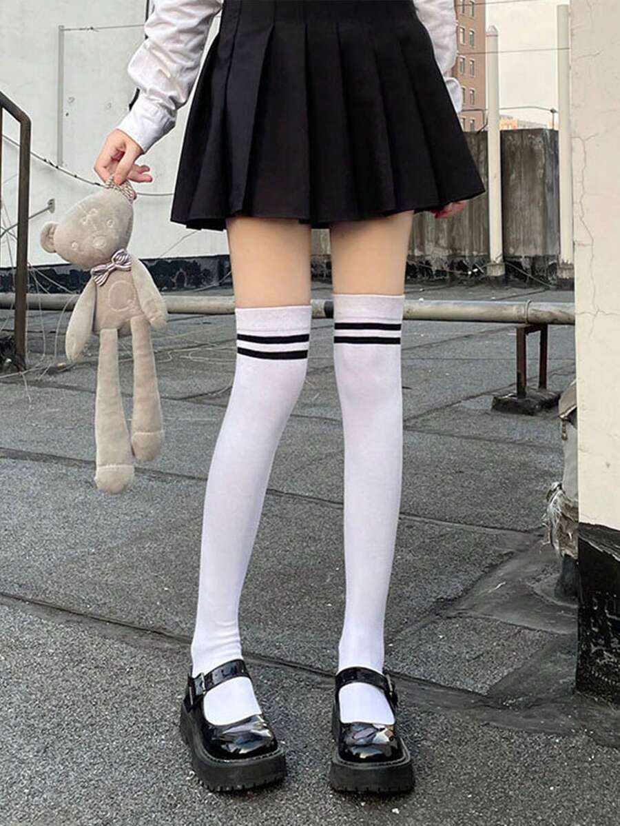 1 Pair Solid Striped Over-The-Knee Socks, Thick And Sexy For Daily Wear