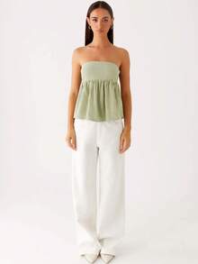 Women Summer Flowy Tube Top Y2k Solid Color Strapless Off The Shoulder Loose Fit Babydoll Bandeau Crop Tops Backless Sleeveless Going Out Tops Vests Shirts Casual Streetwear - màu xanh lá - Xem 3