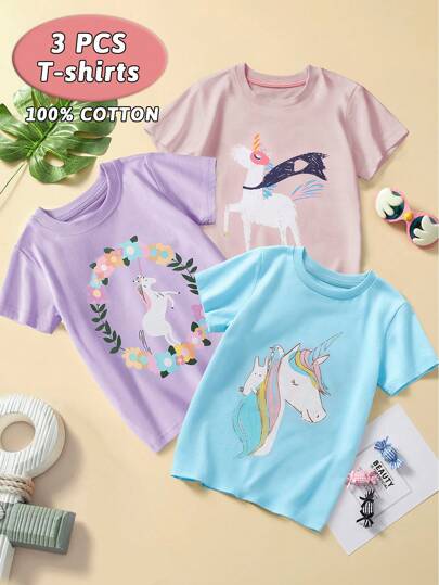 Conjunto casual de tres piezas para niña joven con camiseta de manga corta, patrón de unicornio de dibujos animados, estilo de moda transpirable de verano