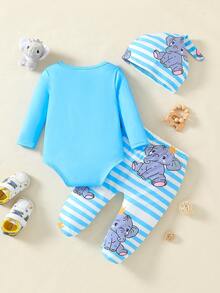 3pcs Newborn Baby Boy Outfit Set, Cartoon Elephant Print Bodysuit, Blue & White Striped Pants, Creative Pointy Hat, Gift For Kids, Autumn/Winter - Blue - View 2