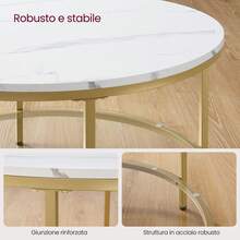  Tavolino da Salotto Rotondo, Tavolino da Caffè, 80 x 46 cm /65 x 46 cm,Tavolo con Piano Effetto Marmo, Ripiano in Vetro Temperato, Montaggio Facile, Moderno, Soggiorno,  Bianco Marmo e Oro Metallico - Dorato - Visualizzare 5