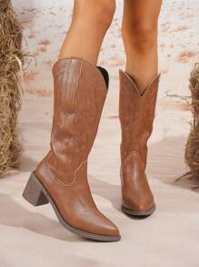 1 Pair Women Elegant Fashion Pull-On Over-The-Knee Boots, Classic Embroidery Design, Brown Western Style Retro Embroidered Cowgirl Boots, Ankle Boots For Autumn/Winter