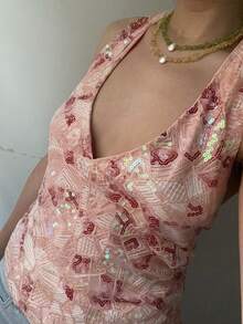 Womens Tank Tops Casual Fashion V Neck Halter Tie Sequin Sparkle Summer Slim Fit Camisole Sleeveless Cami Top - 粉色 - 查看 4