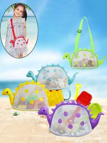 适合青少年的彩色恐龙形沙滩包 - 轻便、可折叠，配有可调节肩带、网袋、拉链封口 - 恐龙形沙滩包户外储物袋可爱旅行单肩包恐龙形背包玩具储物袋、沙滩玩具网状沙滩包贝壳包恐龙沙滩沙玩具手提袋用于存放贝壳沙滩玩具 - 彩色 - 查看 2