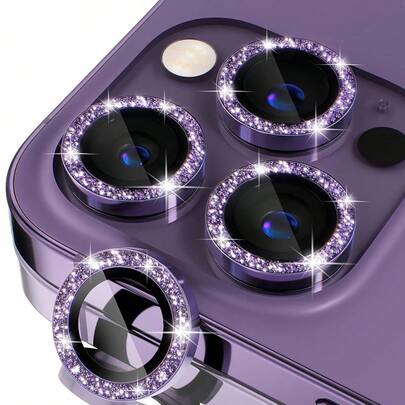 适用于 14 Pro/14 Pro Max/17/16 Pro Max/16 Pro/15 Pro Max/15 Pro/13 Pro Max/13 Pro/12 Pro Max/13 Pro/12 Pro/11 的 3 片装摄像头镜头保护膜，包含钢化玻璃摄像头保护膜和独立金属环配件，紫色闪光设计
