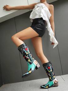 Vintage Embroidered Western Cowboy Boots With Chunky Heels, Mid-Calf, Rivet Contrast Color