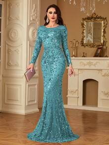 hezixi Stretchy Sequin Dress, Extremely Comfortable Fit For Various Figures, Sheer Round Neck Long Sleeve Bodycon Mermaid Hem Design, Solid Color Elegant Luxury Maxi Dress For Women, Enhances Youthful Charm, Suitable For Parties, Graduations, Weddings And Other Occasions. - 草綠色 - 查看 4