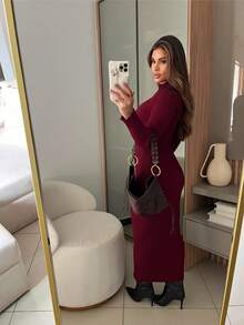 RIBBED DRESS WITH ELEGANT SLEEVES HIGH QUALITY MODAL AUTUMN AND WINTER - Redwood - View 3