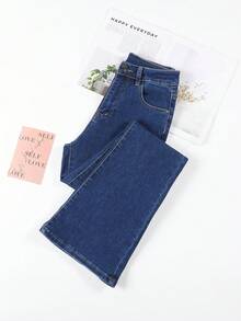 HIMARRI Jeans acampanados de cintura alta elegantes, mezclilla de color sólido, pantalones largos para todas las estaciones con detalle de botón, tela de alta elasticidad, campana tejida azul sólido. - Azul - Ver 5