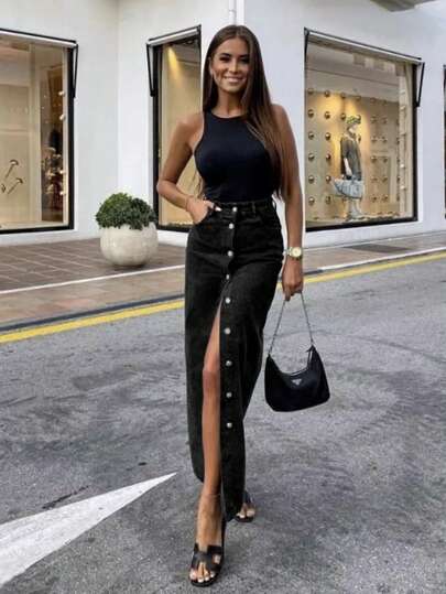 Women's Casual, Elegant And Versatile High-Waist Denim Skirt Suitable For Leisure, Holidays, Birthdays, Parties, Travel, Stage Performance, Concerts, Airport