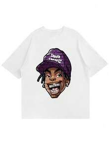 Japanese Spring And Summer Pure Cotton Round Collar Loose Fitting Simple Carton Print Short Sleeve T-Shirt Men's Summer Clothing Sweat Wicking Breathable 100% Cotton Short Sleeve Shirt