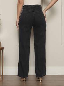 Women's Wide Leg Jeans, 100% Denim Fabric, High Waist On - 燧石 - 查看 3
