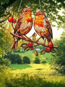 1 Stück 2D bedruckter, leuchtender Rotkehlchen Acryl Fensteranhänger - Dekoration für Garten/Außenbereich, farbenfroher Fensterschmuck (7,48 Zoll/19 cm) mit realistischem Vogel und roten Beeren, perfekt für Garten, Veranda, Wohnzimmer Dekoration, Einweihungsgeschenk und Geburtstagsgeschenk für Freunde und Familie