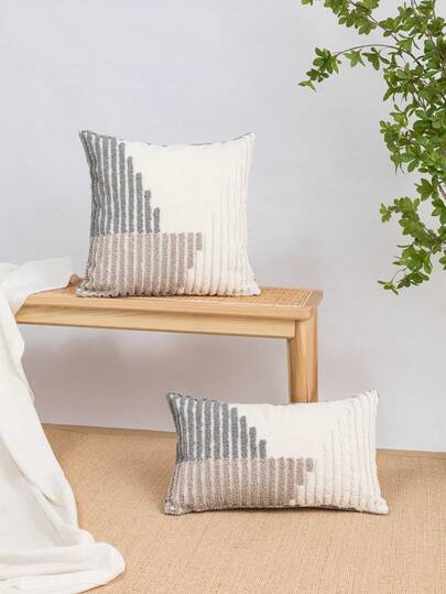 1/2 件（小号）灰色和白色线条图案枕套，北欧帆布圆形毛绒刺绣法兰工艺靠垫套，适用于卧室、客厅沙发、汽车腰枕、床头板枕，四季适用，30 * 50 厘米，45 * 45 厘米（不含枕芯）