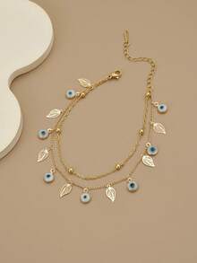 1 件奢华精致镂空叶眼恶魔眼双层不锈钢脚链、手链、沙滩配饰、女士沙滩珠宝 - 金黃色 - 查看 2