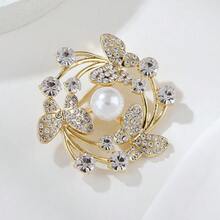 1 件金色蝴蝶优雅锌合金仿珍珠水钻珐琅胸针，包袋、派对、日常穿着、情人节礼物背包（适合学校万圣节）的装饰时尚配饰 - 金色 - 查看 2