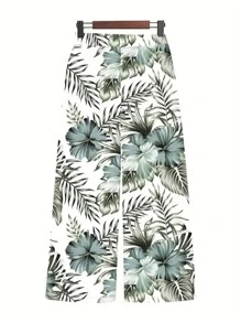 Set de 2 piezas para vacaciones: Camisa de tirantes de unicolor de cuello redondo y pantalones anchos con estampado de plantas tropicales para mujer