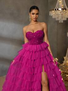 Faeriesty 华丽亮片礼服，搭配层叠薄纱裙和高开衩下摆 | 适合黑色领带晚会、婚礼和戛纳派对的奢华晚礼服