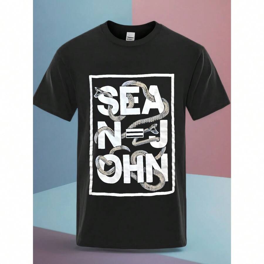 Sean John Men's Graphic-Print Snake Box Cotton T-Shirt, Size Large - Casual Black Crewneck Tee With Bold White "SEAN JOHN" Text And Serpent Design, Machine Washable As Gift - Black - View 1