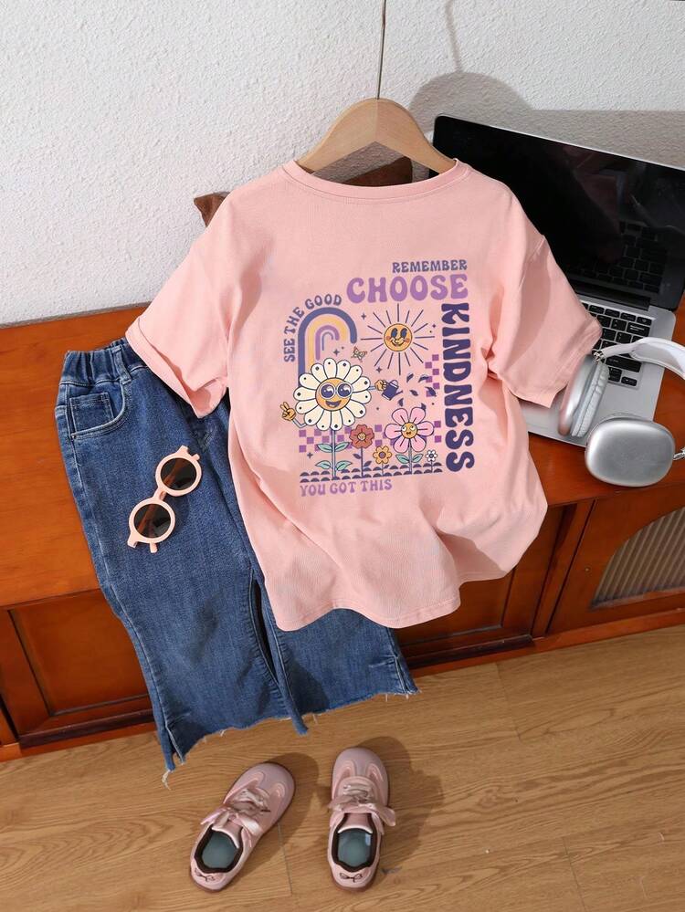 1pc Tween Girl Printed Pullover Short Sleeve T-Shirt, Student Young Kid's Comfortable & Fashionable Summer Top - Pink - View 5