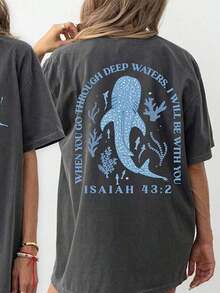 Funny Graphic Tee Women, Loose Fit Round Neck Whale Slogan Contrast Color T-Shirt, Casual Summer Top, Cute Animal Design, Ocean Lover Tee, Whimsical Print, Free Shipping - 白色 - 查看 6