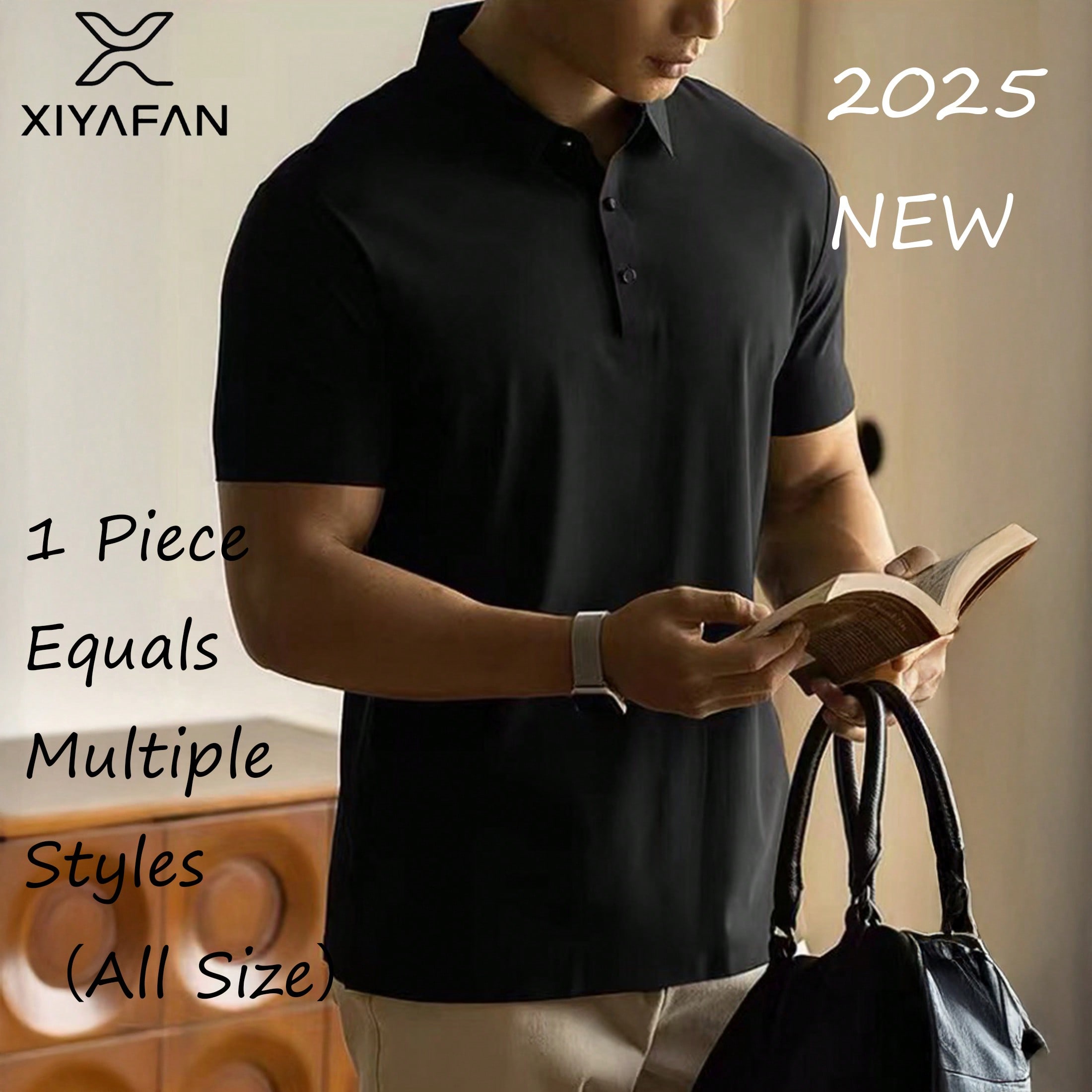 Camisa polo de manga corta de color negro sólido para hombres, tela suave transpirable que absorbe la humedad, top casual deportivo