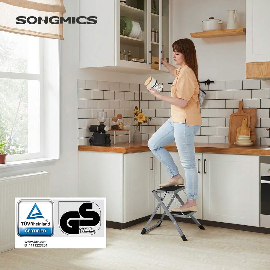 SONGMICS 2 Step Ladder Folding Step Stool 20 Cm Width Non-Slip Rubber With Handle 150 Kg Load Steel Grey And Black - Grey - View 1