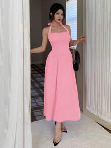 Simple Solid Color Women's Long Dress Suitable For Vacation, Pink Sweet Style Women's Backless Hanging Neck Dress